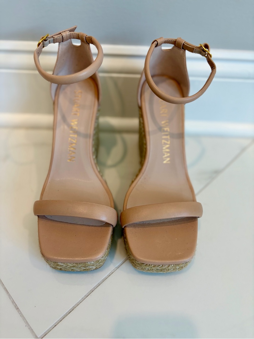 Stuart Weitzman Tan Leather Ankle-Strap Espadrille Sandals